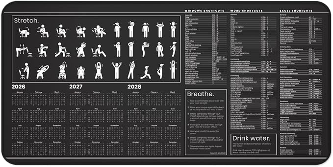 Productivity Desk Mat for Windows – Keyboard Shortcuts, Wellness Guide & 3-Year Calendar | XL Office Mouse Pad for Excel, Word & System Commands | Ergonomic Workspace Mat