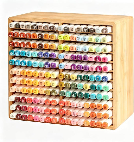 Bamboo Marker Organizer,Wooden Desktop Marker Storage,Art Supply Pencil Storage with 22 Compartments,Pen Holder for Office,Home,Classroom,Hold 176 Markers