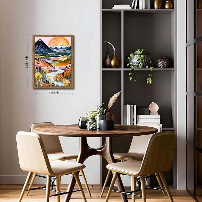 Wood Frame Boho Colorful Wall Art, Set of 3 Abstract Watercolor Mountain Landscape Wall Decor Painting, Modern Flower Aesthetic Posters Prints for Living Room Bathroom Bedroom 12x16In Framed