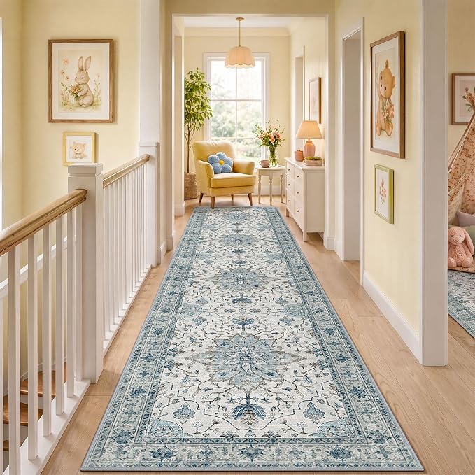 RELEANY Area Rugs Runner 3'x12' Washable Non-Slip, Floral Vintage Distress Medallion Carpet for Kitchen Hallway Bedroom Beside Laundry Room Bathroom, Light Blue Navy Gray White