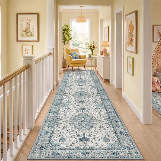 RELEANY Area Rugs Runner 3'x12' Washable Non-Slip, Floral Vintage Distress Medallion Carpet for Kitchen Hallway Bedroom Beside Laundry Room Bathroom, Light Blue Navy Gray White