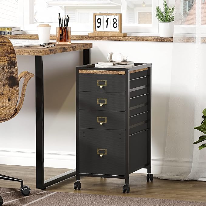 IDEALHOUSE 4 Drawer File Cabinet, Mobile Filing Cabinet Rolling Printer Stand Fits A4 or Letter Size, Fabric Vertical File Cabinet with Wheels, Under Desk Storage Cabinet for Home Office, Black