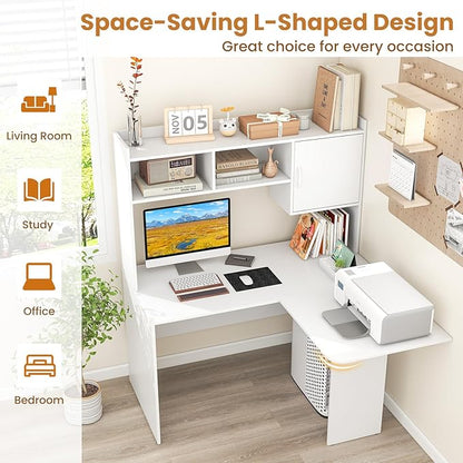 Giantex L Shaped Desk with Hutch, White Corner Desk with Storage Shelf & Cabinet, Laptop PC Table Gaming Computer Table Workstation, Modern Executive Study Writing Desk for Home Office, Bedroom