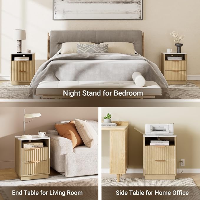 Fluted Nightstand, Night Stand Set 2, Nightstands Set of 2 with Charging Station and Faux Marble Top, 2 Drawers End Table w/Storage, Modern Bedside Table for Bedroom Living Room,Natural Oak