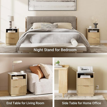 Fluted Nightstand, Night Stand Set 2, Nightstands Set of 2 with Charging Station and Faux Marble Top, 2 Drawers End Table w/Storage, Modern Bedside Table for Bedroom Living Room,Natural Oak
