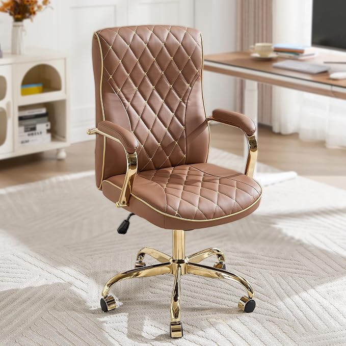 Brown and Gold Office Desk Chair,Conference Room Chairs,Mid Back Vintage Executive Leather Chair,Ergonomic Computer Swivel Chair with Rocking Function and Padded Arms,Adjustable Height