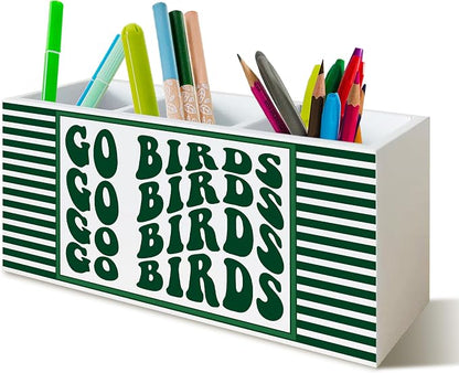 Go Birds Football Pen Pencil Holder Organizer for Desk, Gifts for Football Lovers Players Fans, Trendy Groovy Go Birds Wooden Box Block Sign for Home Office Tabletop Decor