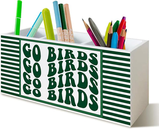 Go Birds Football Pen Pencil Holder Organizer for Desk, Gifts for Football Lovers Players Fans, Trendy Groovy Go Birds Wooden Box Block Sign for Home Office Tabletop Decor
