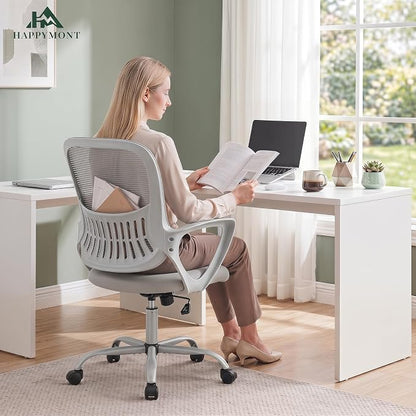 Home Office Desk Chair, Ergonomic Mid-Back Mesh Computer Task Chair with Comfortable Lumbar Support, Height Adjustable Swivel with Fixed Armrest for Adults, Student, Grey