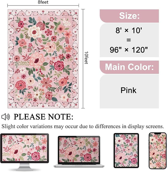 DUKINO 8x10 Area Rug, Floral Rugs for Living Room, Lightweight Non Slip Washable Rug, Indoor Low Pile & Non-Shedding Boho Design Rugs for Bedroom, Living Room, Dining Room, Pink