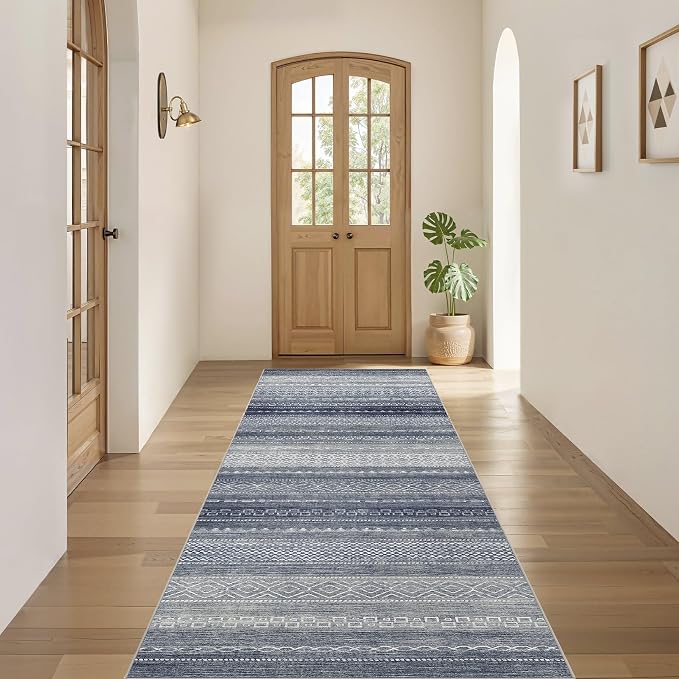Nakagishi Area Rug Living Room Rugs: 3X8 Machine Washable Boho Large Neutral Farmhouse Stain Resistant Moroccan Indoor Floor Carpet for Bedroom Nursery Dorm Dining Room Home-Denim Blue