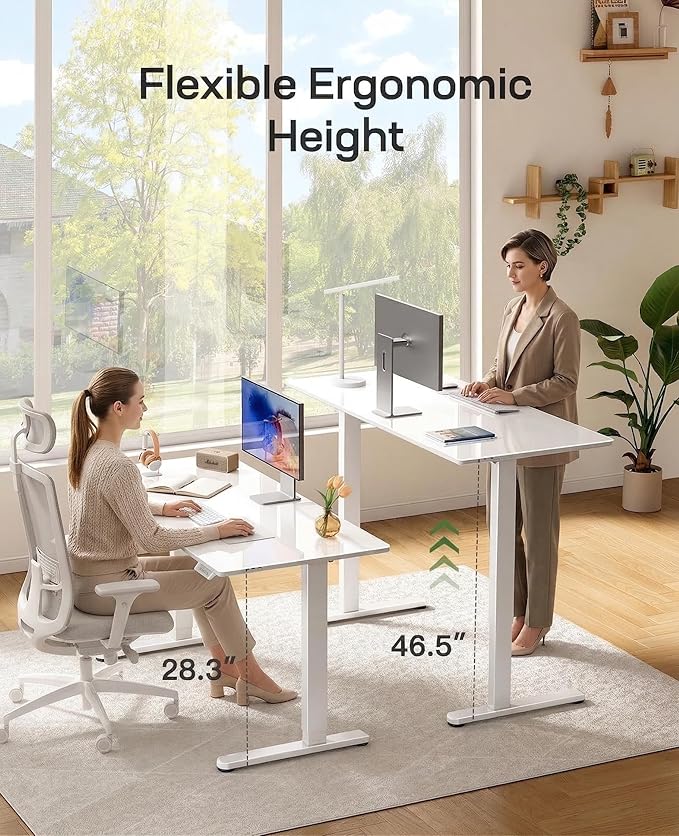 Marsail Glass Standing Desk with Drawer, 55 x 28 Inches Adjustable Desk, Home Office Desks with One-Piece Tempered Glass Top, Ergonomic Home Office Sit Stand Desk with 4 Preset Heights, White