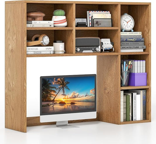 Giantex Desktop Bookshelf, Desk Hutch Dorm w/ 7 Cubes & 3 Adjustable Shelves, Desk Shelf for Up to 27" Computer Monitors, Wooden Desktop Storage Organizer for Dorm College Office Homem, Natural