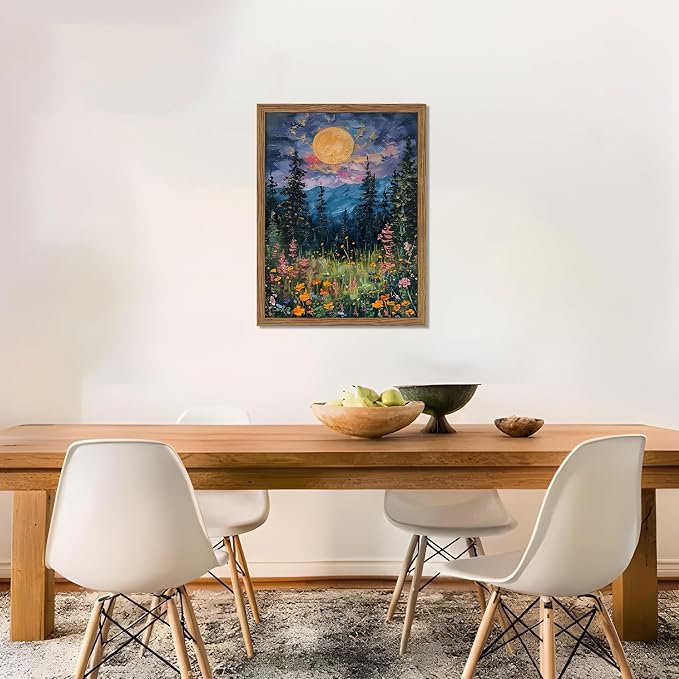 Framed Nature Forest Canvas Wall Art, Full Moon above Wildflowers and Woodland Painting, Midnight Floral Trees Art Print, Farmhouse Nature Wall Decor for Bedroom Living Room 16x24 inch