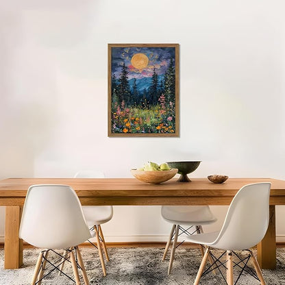 Framed Nature Forest Canvas Wall Art, Full Moon above Wildflowers and Woodland Painting, Midnight Floral Trees Art Print, Farmhouse Nature Wall Decor for Bedroom Living Room 12x16 inch