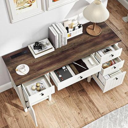 62 Inch Antique White Farmhouse Computer Desk | Center Drawer, 4 Storage Drawers (1 File Drawer) & Side Cabinet, Built-in USB Power Ports for Home Office & Bedroom Workspace