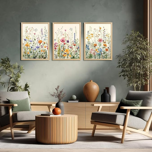 LLEEMPI Watercolor Floral Wall Art Set of 3, Colorful Wildflower Wall Decor, Modern Abstract Botanical Canvas Painting, Rustic Farmhouse Poster Print for Bedroom Bathroom Office Wood Framed 16x24 Inch