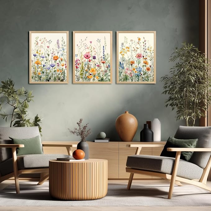LLEEMPI Watercolor Floral Wall Art Set of 3, Colorful Wildflower Wall Decor, Modern Abstract Botanical Canvas Painting, Rustic Farmhouse Poster Print for Bedroom Bathroom Office Wood Framed 12x16 Inch