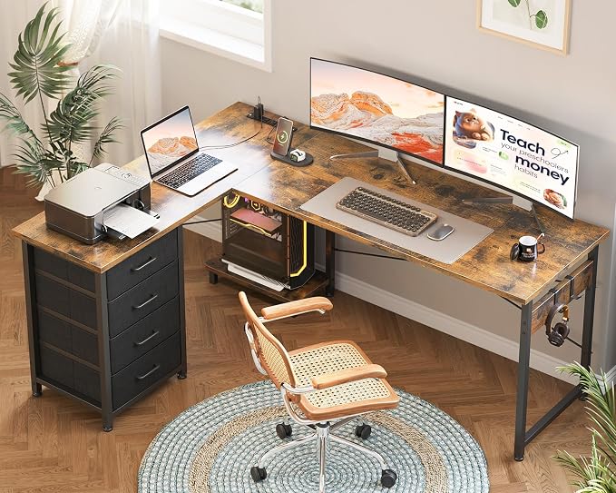 AODK L Shaped Gaming Desk with 4 Drawers, 61" Reversible Home Office Desks with Power Outlets, L Shaped Computer Desk with USB Charging Port and Host Stand, Corner Desk, Easy to Assemble, Vintage