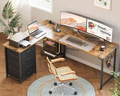 AODK L Shaped Gaming Desk with 4 Drawers, 61" Reversible Home Office Desks with Power Outlets, L Shaped Computer Desk with USB Charging Port and Host Stand, Corner Desk, Easy to Assemble, Vintage