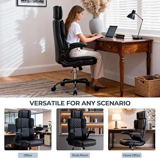 Office Chair with Adjustable Headrest - Executive Leather Desk Chair for Home Office, with Flip-Up Arms & Ergonomic Lumbar Support, Perfect for Work and Study, Black