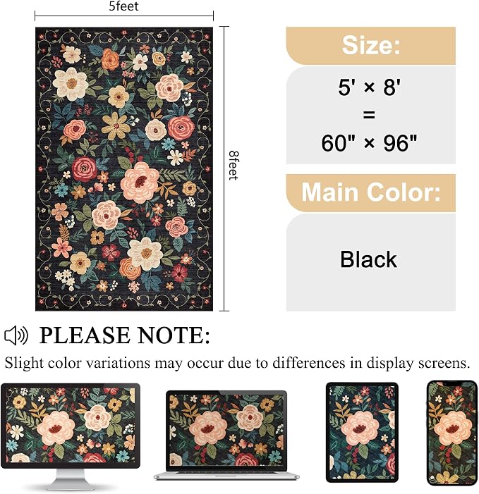 DUKINO 5x8 Area Rug for Living Room, Washable Lightweight Non Slip Floral Bedroom Rug with Non Shedding Design, Soft Low Pile Large Indoor Carpet for Dining Room, Kids Playroom, Nursery, Office, Black