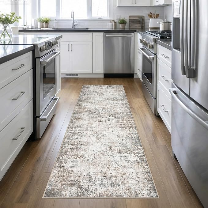 2.6'x10' Runner Rug Washable Rug: Modern Abstract Soft Thin Runner Rug Brown Grey