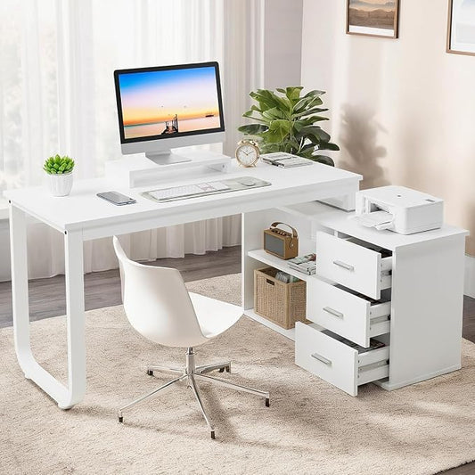 MaverickFurni 55" White Desk with Drawers and Shelves, Reversible L Shaped Desk with Monitor Stand, Home Office Desk with Storage for Work Writing Study, White