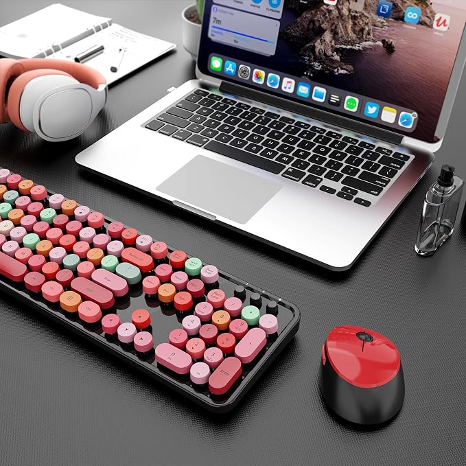 Wireless Keyboard and Mouse Combo, Ergonomic Full Size Typewriter Retro Round Keycaps Keyboard, Compatible with Windows, PC, Perfer for Home and Office Keyboards (Red
