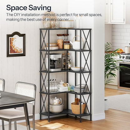 HOOBRO Corner Bookshelf, 5-Tier L-Shaped Bookcase, Industrial Open Display Shelf Tall Storage Organizer, Vertical Storage Rack, for Living Room, Home Office, Black BB60SJ01