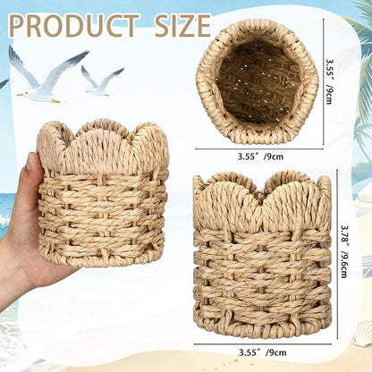 Dunzoom Coastal Theme Paper Rope Pencil Holder Decorative Scalloped Woven Pen Holder Desk Organizer Pen Container Box for Office Home Desktop Kitchen
