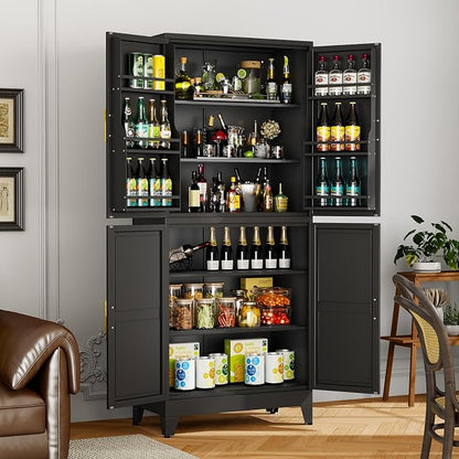 Black Pantry Storage Cabinet, 75" Kitchen Pantry with Doors and 3 Adjustable Shelves, Metal Freestanding Buffet Cupboards Sideboard, for Office, Home, Garage, School