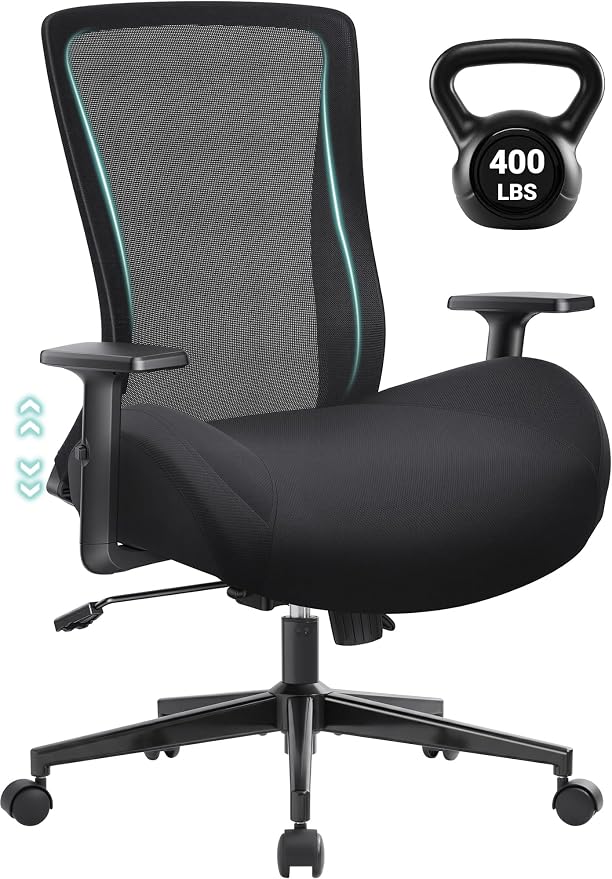 Big and Tall Home Office Desk Chair 400lb Capacity for Heavy People, Ergonomic Wide Mesh Desk Chair with Stepless Recline & Lock, 5.5" Thick Cushion, High Back, Adjustable Height & Armrests