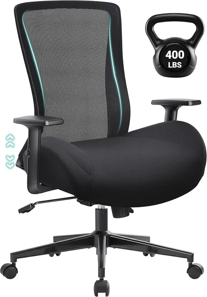 Big and Tall Home Office Desk Chair 400lb Capacity for Heavy People, Ergonomic Wide Mesh Desk Chair with Stepless Recline & Lock, 5.5" Thick Cushion, High Back, Adjustable Height & Armrests