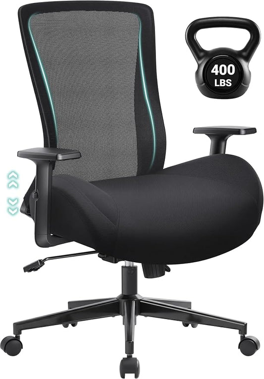 Big and Tall Home Office Desk Chair 400lb Capacity for Heavy People, Ergonomic Wide Mesh Desk Chair with Stepless Recline & Lock, 5.5" Thick Cushion, High Back, Adjustable Height & Armrests