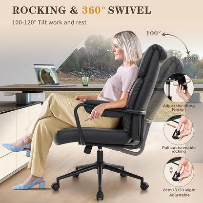 IWMH Home Office Desk Chair, Comfy Ergonomic Mid Century Modern Faux Leather Fabric Office Chair with Lumbar Support, Adjustable Height High-Back Swivel Computer Chairs, (Black)