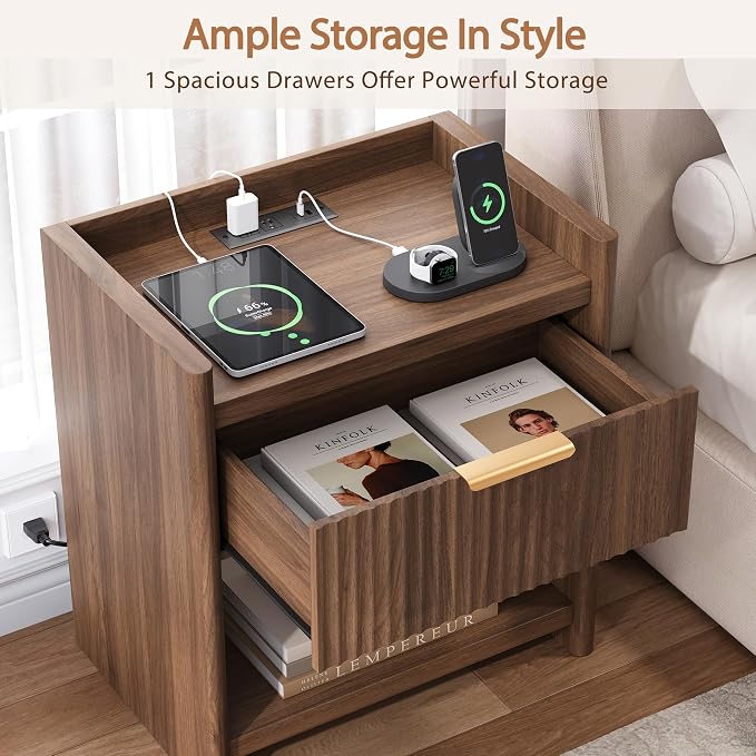 25.9" Fluted Nightstand with Charging Station, Large Modern Bedside Table with Storage Drawer and Metal Handle,End Table for Bedroom, Home Office(1 Pack, Dark Walnut)