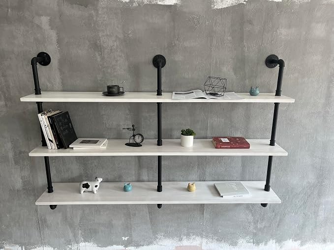 HDDFER Industrial Pipe Shelving Rustic White Pipe Wall Shelves Industrial Shelves with Wood Planks Floating Shelves 60 Inch Farmhouse Bathroom,Kitchen Shelving Wall Mounted