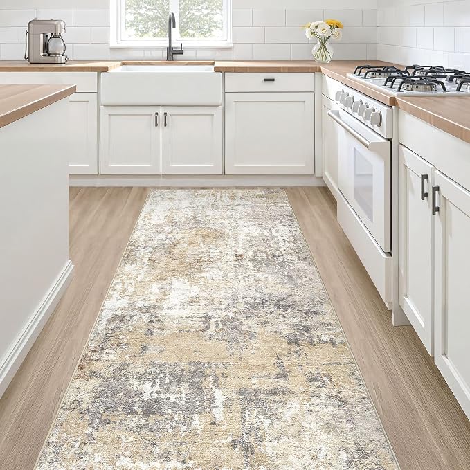 Runner Rug Kitchen Washable Rugs: 2x5 Non-Slip Abstract Soft Modern Stain Resistant Indoor Floor Neutral Accent Throw Carpet for Hallway Bathroom Laundry Room Entryway Bedroom- Gray Gold