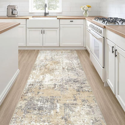 Runner Rug Kitchen Washable Rugs: 2x5 Non-Slip Abstract Soft Modern Stain Resistant Indoor Floor Neutral Accent Throw Carpet for Hallway Bathroom Laundry Room Entryway Bedroom- Gray Gold