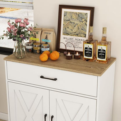 Panana Wooden Cabinet 1 Drawer and 2 Doors Storage Cupboard Coffee Bar Sideboard Farmhouse Entryway Organizer Console (White)