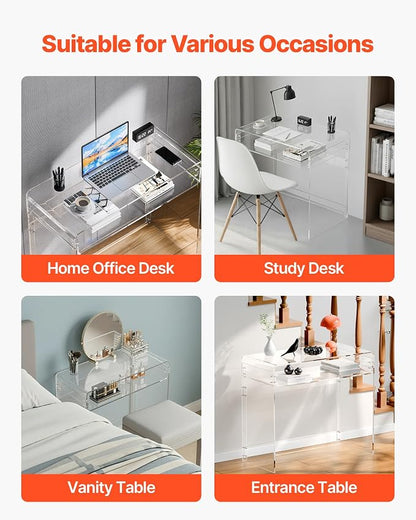 VEVOR Acrylic Desk, Clear Laptop Study Desk with Storage Shelf, Modern Transparent Console Table for Home Office, Living Room, Bedroom, Entryway, 33.5" W x 15.7" D x 29.5" H