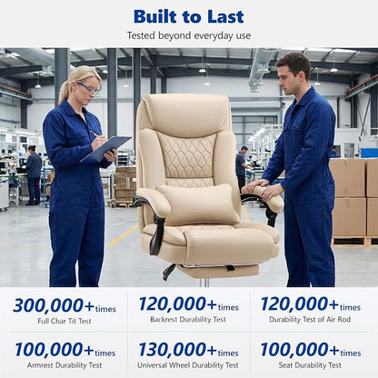 Big and Tall Office Chair 400lbs - Wide Memory Foam Seat with Lumbar Support, Reclining Executive Desk Chair with Footrest, Ergonomic Heavy Duty High Back Computer Chair, Khaki