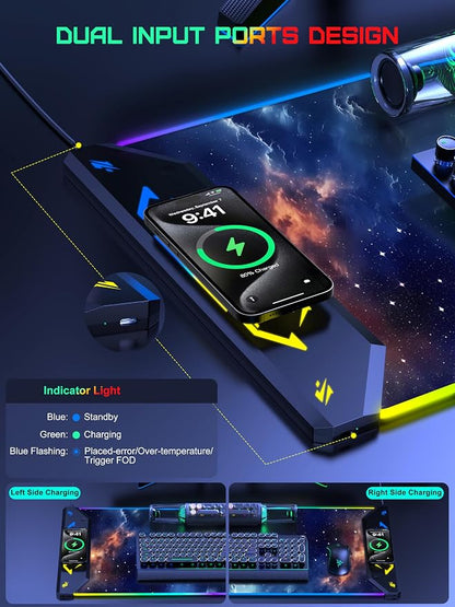 TopMade Wireless Charging Mouse Pad, RGB Gaming Mousepad, 35.4" x 15.8" Extra Large Waterproof Keyboard Desk Pad, Computer Desk Mat, Blue Nebula (Includes 20W PD Power Adapter & 6.56ft Woven Cable)