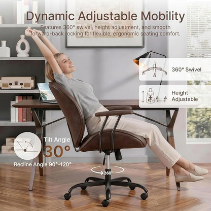 KISLOT Ergonomic Home Office Chair with Removable Arms, Adjustable Swivel Desk Chair with Wheels, Modern Faux Leather Computer Chair with Lumbar Support, Set of 2, Espresso