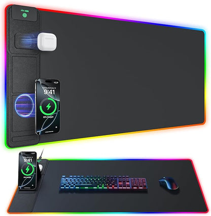 Wireless Charging Mouse Pad with Phone Stand, 31.5"x15.8" Large | Gaming Mousepad RGB Desk Mat, Smooth Glide, Stitched Edge, Non-Slip Rubber Base, Waterproof Keyboard Mat, No Adatper