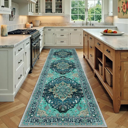 RELEANY Area Rugs Runner 3'x9' Washable Non-Slip, Floral Vintage Distress Medallion Carpet for Kitchen Hallway Bedroom Beside Laundry Room Bathroom, Teal Green Lake Blue Turquoise