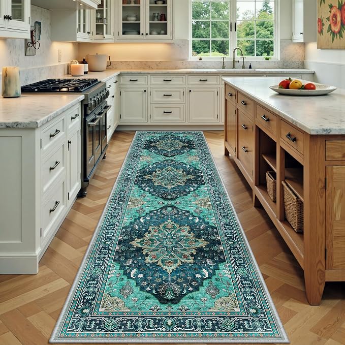 RELEANY Area Rugs Runner 2'x7' Washable Non-Slip, Floral Vintage Distress Medallion Carpet for Kitchen Hallway Bedroom Beside Laundry Room Bathroom, Teal Green Lake Blue Turquoise