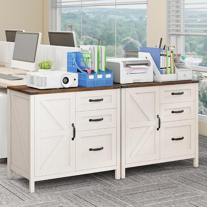 Halitaa Lateral File Cabinet with 3 Drawers, Farmhouse File Cabinet for Letter/A4 Size Hanging Files, Large Wood File Storage Cabinets Printer Stand for Home Office Furniture, Rustic White