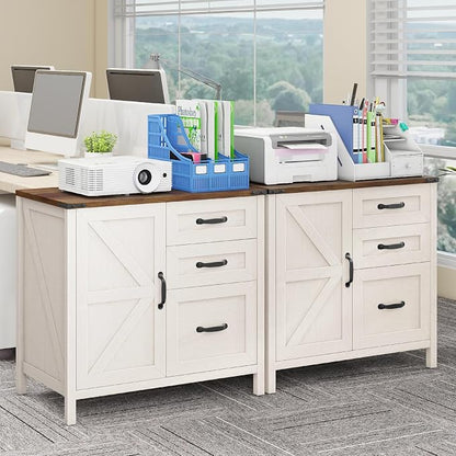 Halitaa Lateral File Cabinet with 3 Drawers, Farmhouse File Cabinet for Letter/A4 Size Hanging Files, Large Wood File Storage Cabinets Printer Stand for Home Office Furniture, Rustic White